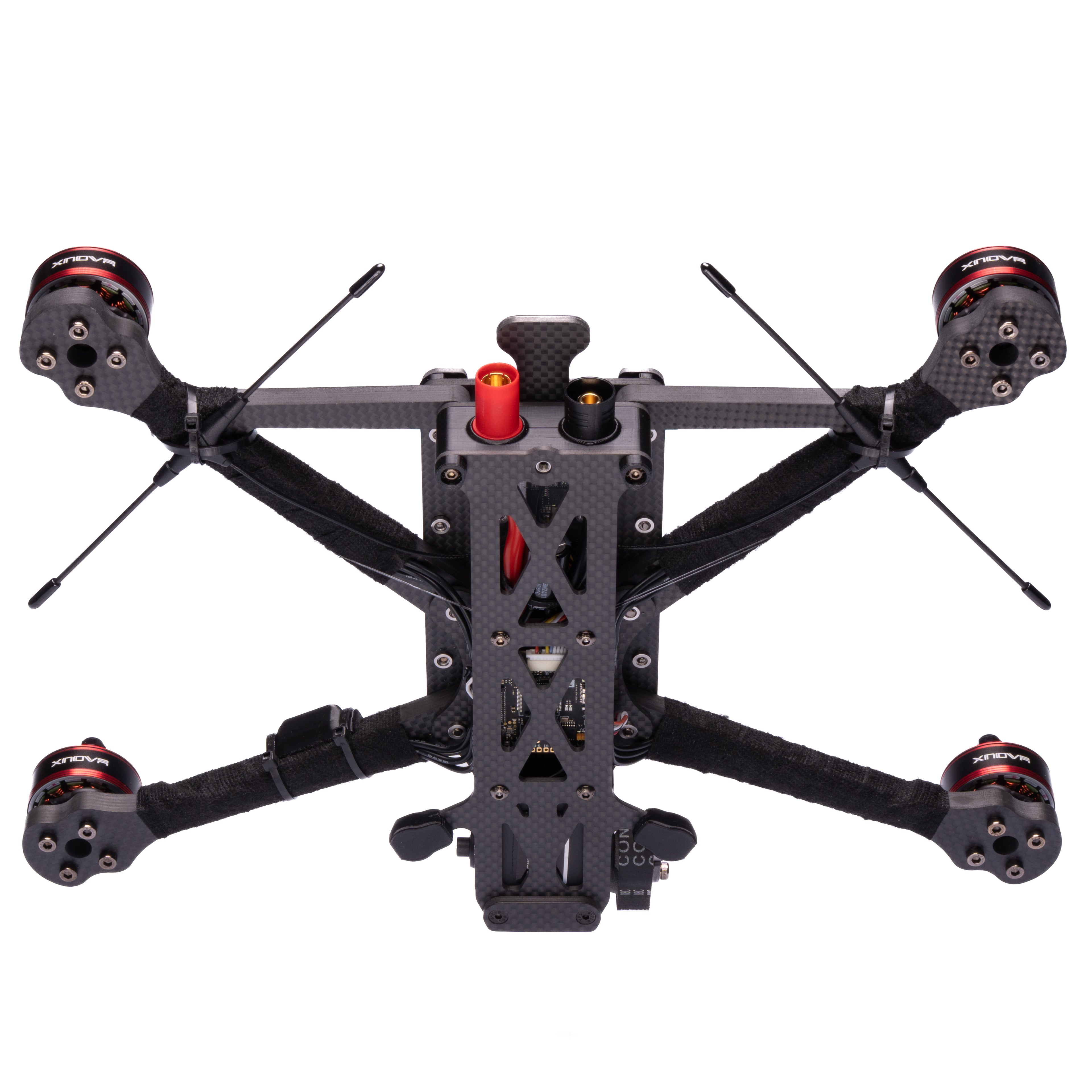 Black drone frame with red accents on a white background