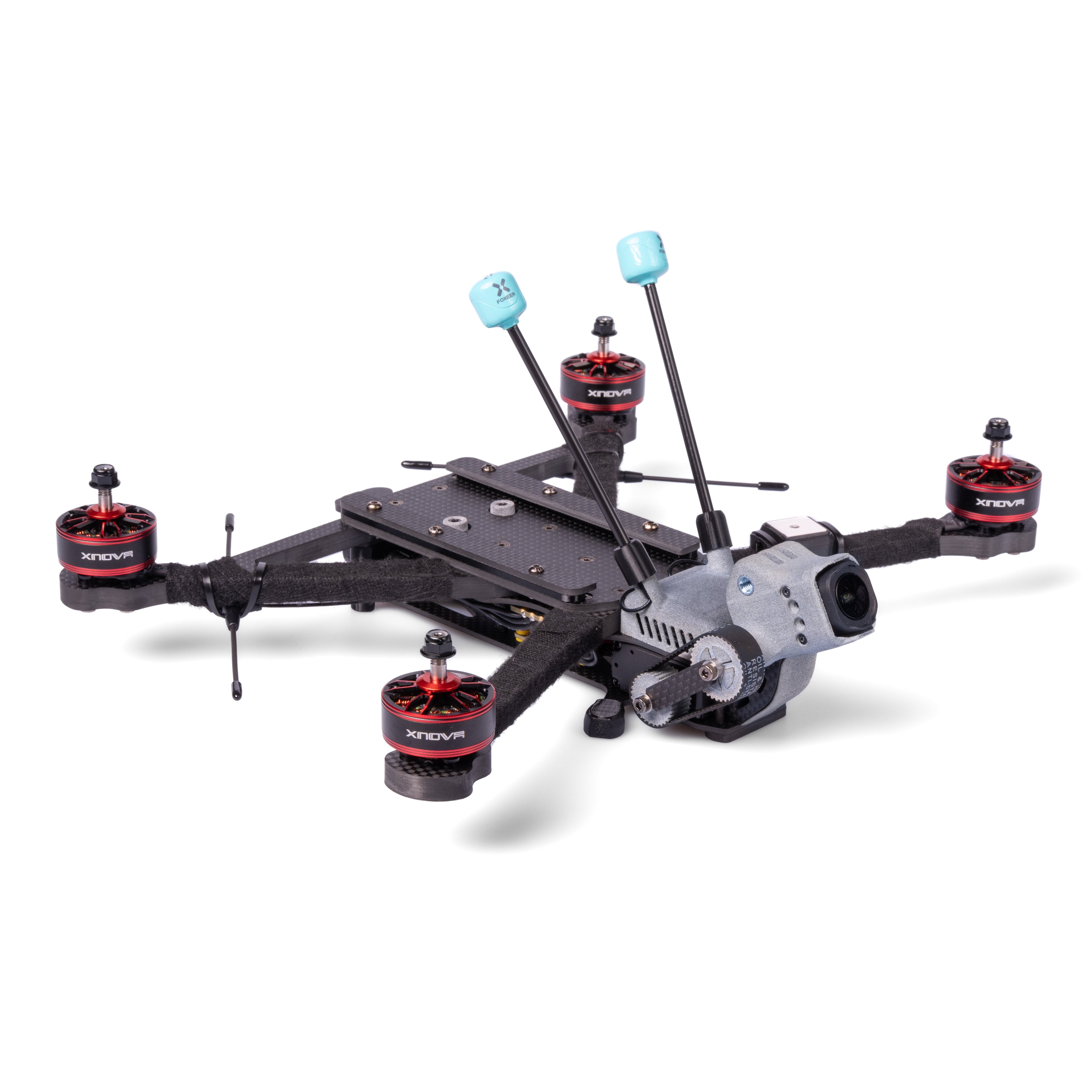 Black and red drone with visible branding on a white background