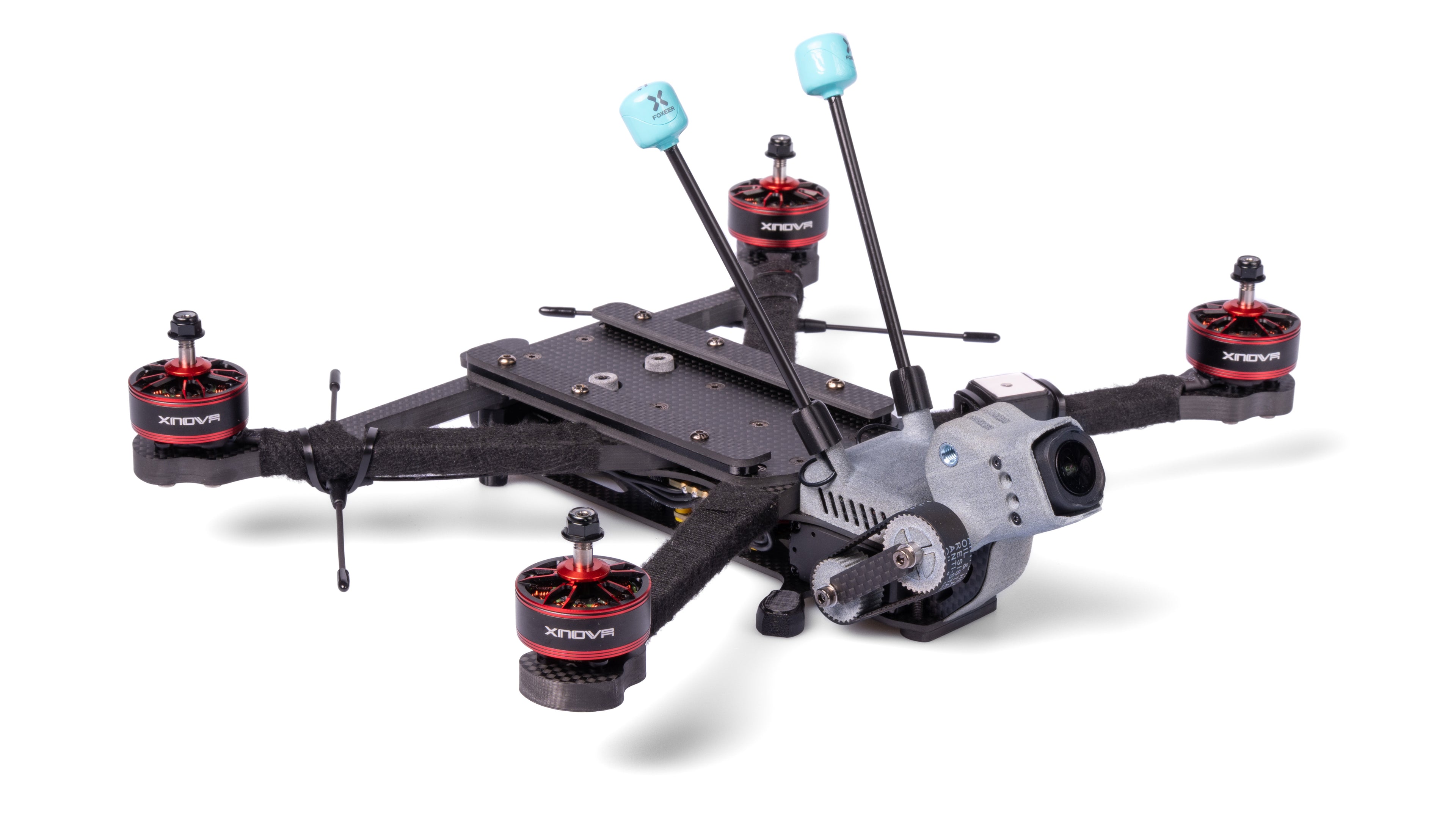 Black and red drone with multiple rotors on a white background